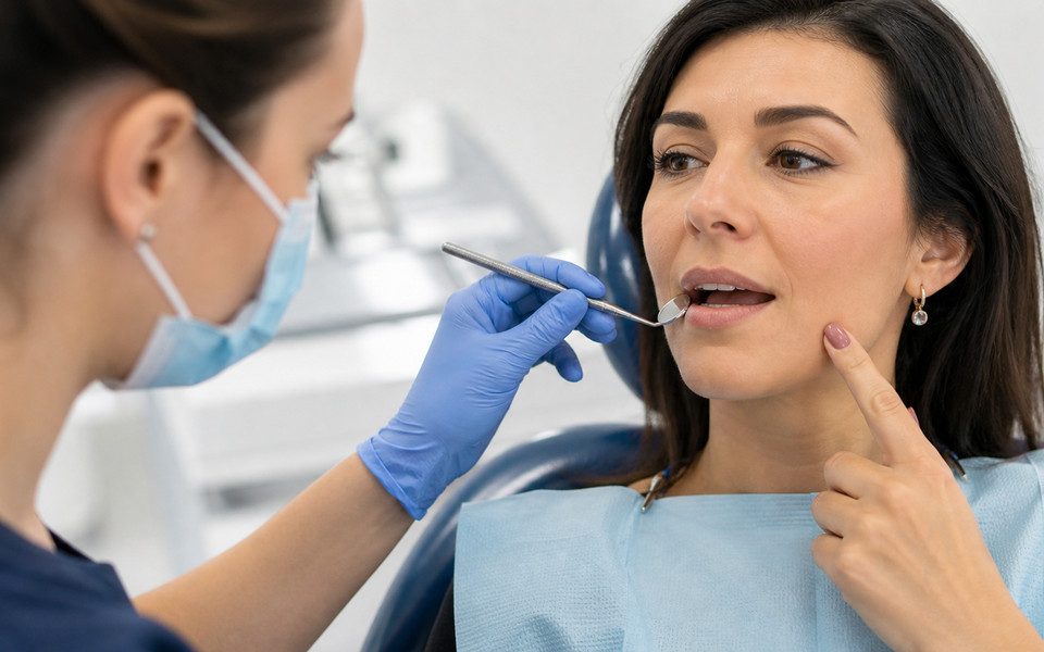 Dentista revisando la boca de una paciente que señala una molestia