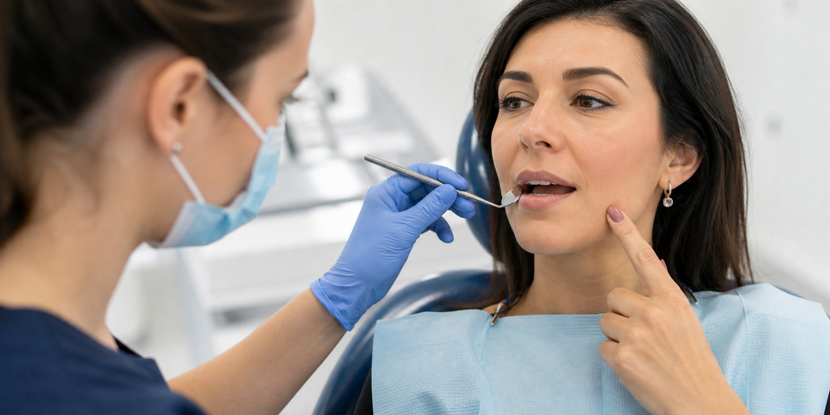 Dentista revisando la boca de una paciente que señala una molestia