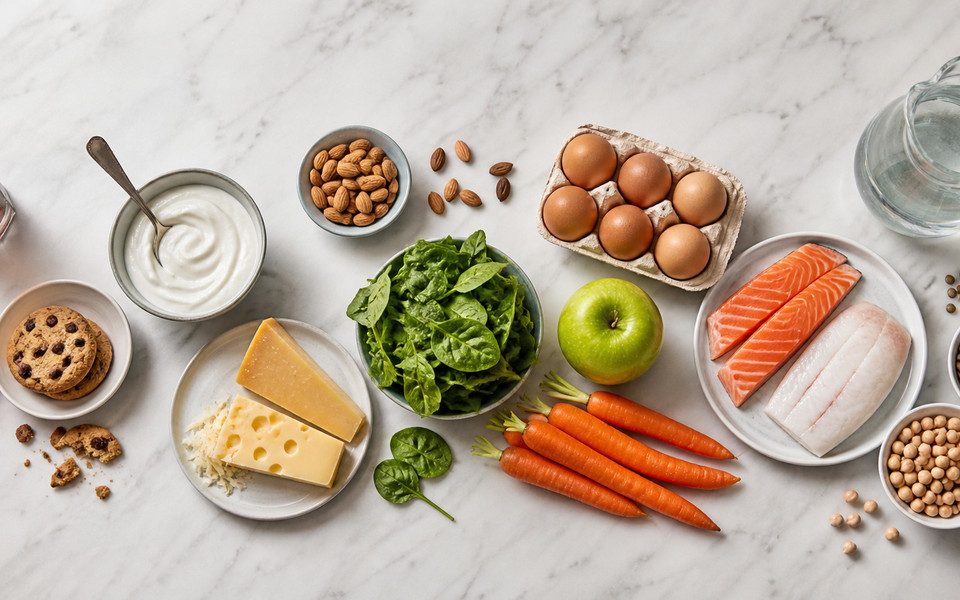 Alimentos saludables para los dientes junto a dulces y refrescos