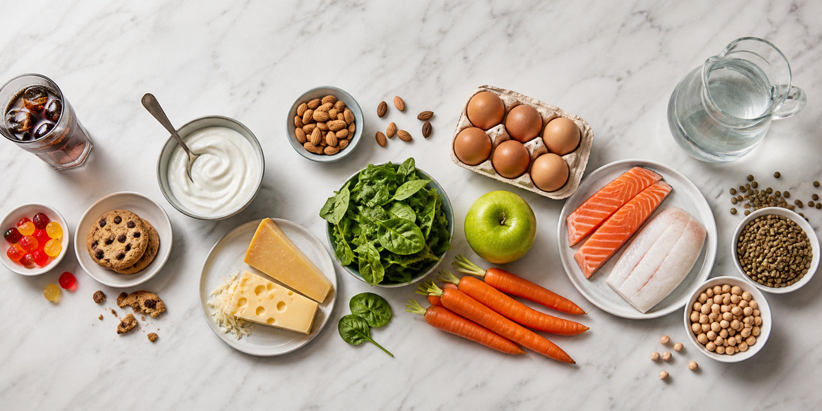 Alimentos saludables para los dientes junto a dulces y refrescos