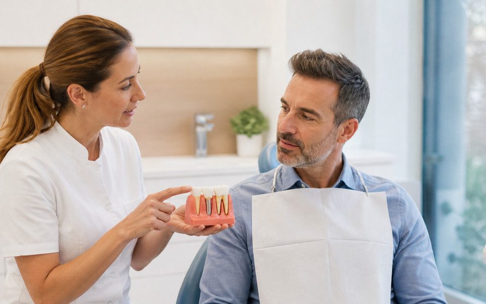 Dentista explicando a un paciente los cuidados de un implante dental