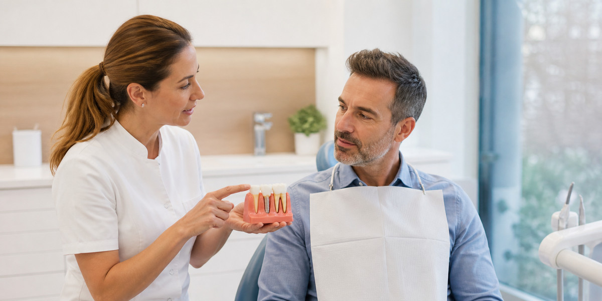 Dentista explicando a un paciente los cuidados de un implante dental