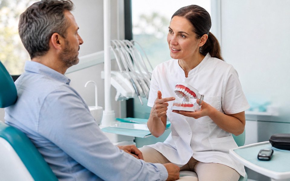 Dentista explicando a un paciente los cuidados de dientes y encías