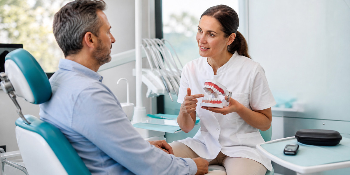 Dentista explicando a un paciente los cuidados de dientes y encías